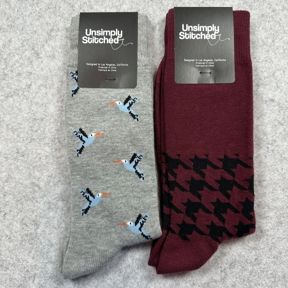 UNSIMPLY STITCHED Novelty Socks 2-Pairs Grey Blue Bird & Burgundy Houndstooth